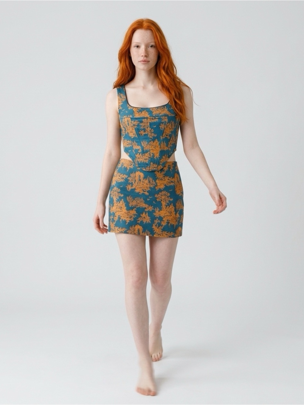 Miaou Campbell Toile Corset & Micro Mini Skirt Set in deep Teal/Orange- Size M